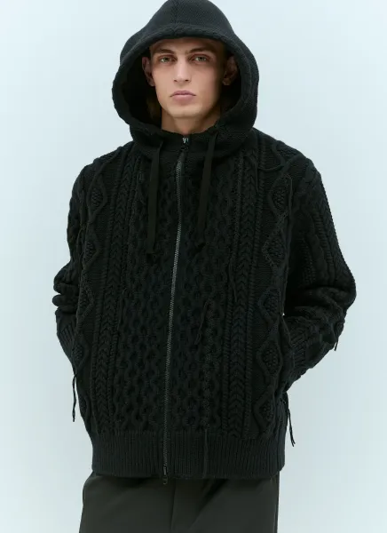 Cabel Knit Hooded Zip-Up Cardigan