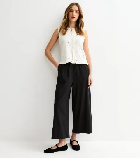 Women's Black Linen Blend Crop Trousers