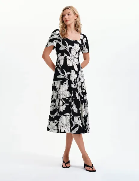 Finery London Floral Square Neck Midi Tiered Dress Black Mix