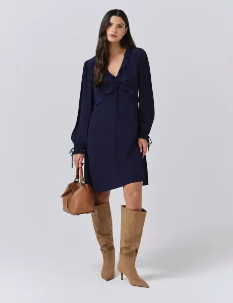 Crepe V-Neck Frill Detail Mini Dress Navy