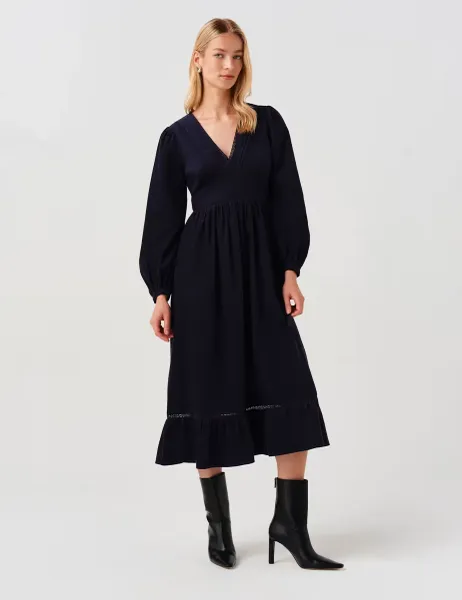 Ghost Cotton Corduroy V Neck Midi Dress Navy