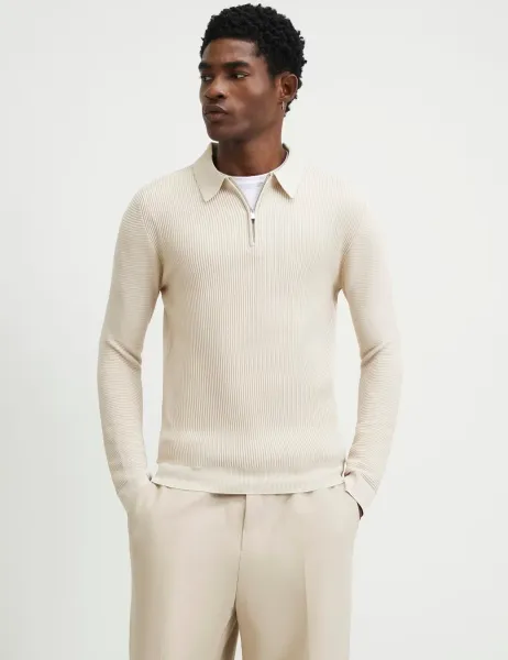 River Island Ribbed Half Zip Knitted Polo Shirt Ecru