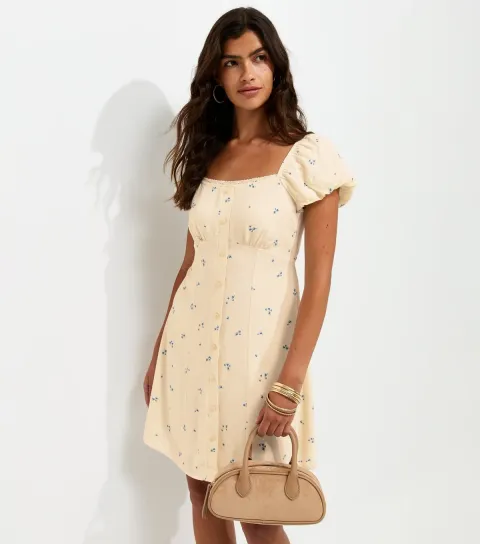 Women's White Ditsy Print Button Detail Mini Dress
