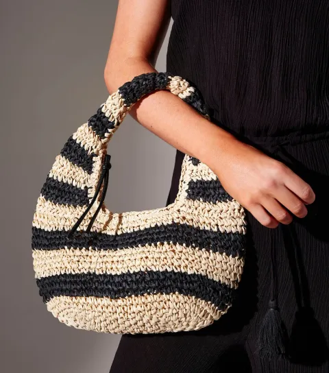 Black Striped Straw Grab Bag