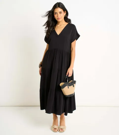 Women's Black V Neck Smock Midi Dress