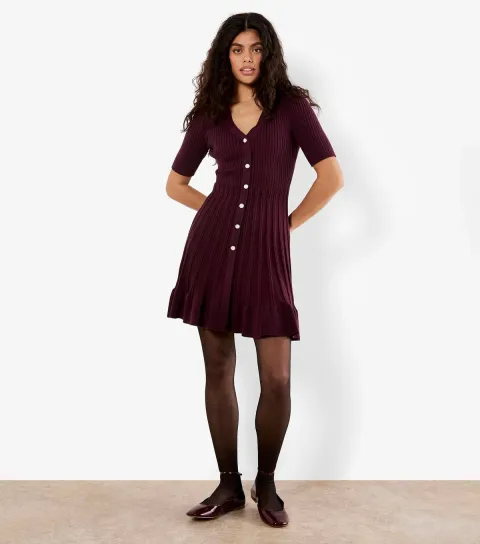 Women's Burgundy Ribbed Fit and Flare Mini Dress