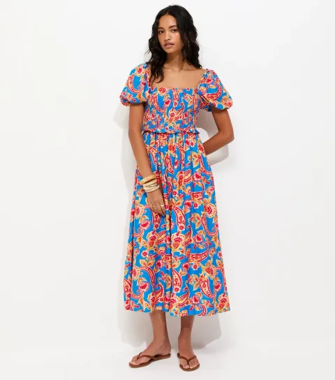 Women's Blue Floral Shirred Puff Sleeve Midi Dress