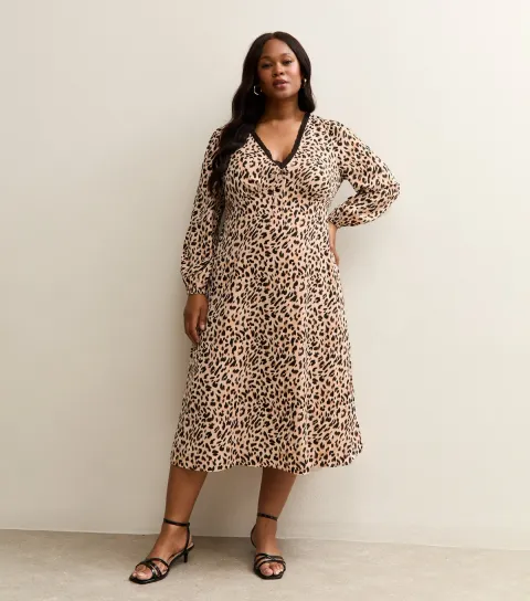 Women's Plus Size Brown Leopard Print Lace Trim Midi Dress Curves