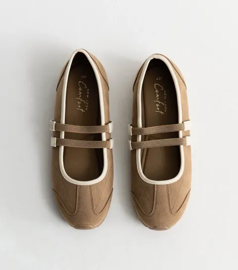 New Look Women's Camel Faux Suede Mary Jane Sneakerina Ballet Trainers Vegan