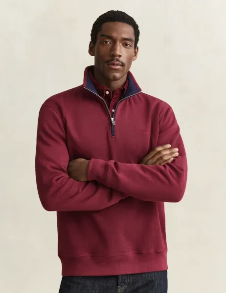 Gant Pure Cotton Ribbed Half Zip Sweatshirt Burgundy