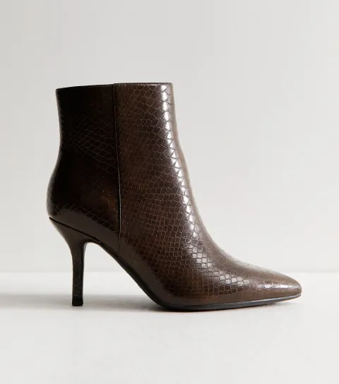 Women's Wide Fit Dark Brown Faux Leather Snakeskin Effect Stiletto Ankle Boots Vegan