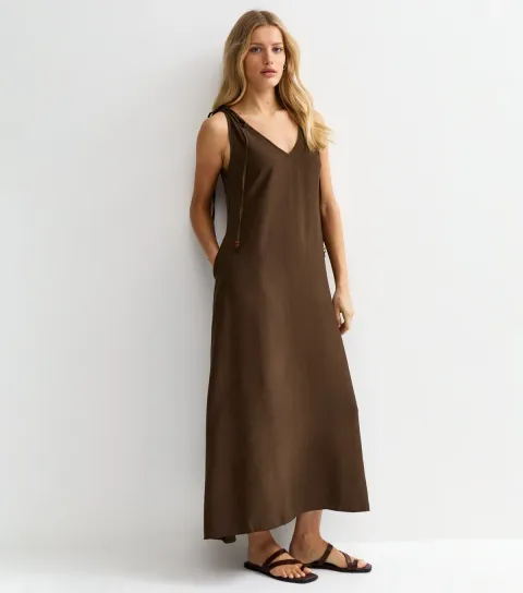 Women's Brown Beaded Tie Smock Midi Dress