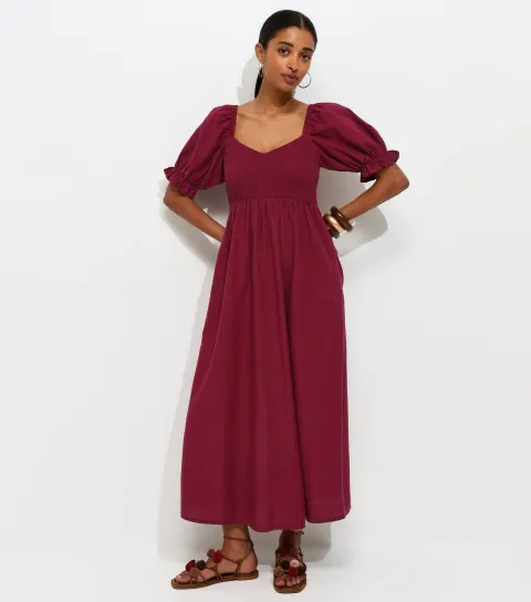 Women's Dark Burgundy Shirred Bodice Puff Sleeve Midi Dress