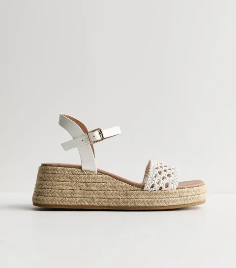 Women's White Faux Leather Woven Strap Flatform Sandals Vegan
