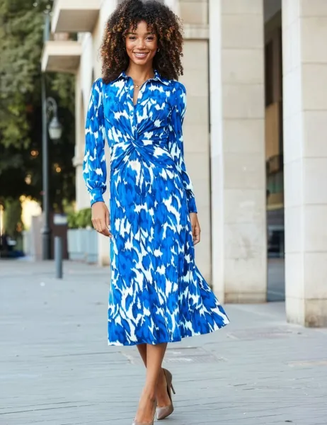 Floral Print Twist Front Midi Shirt Dress Ivory Mix