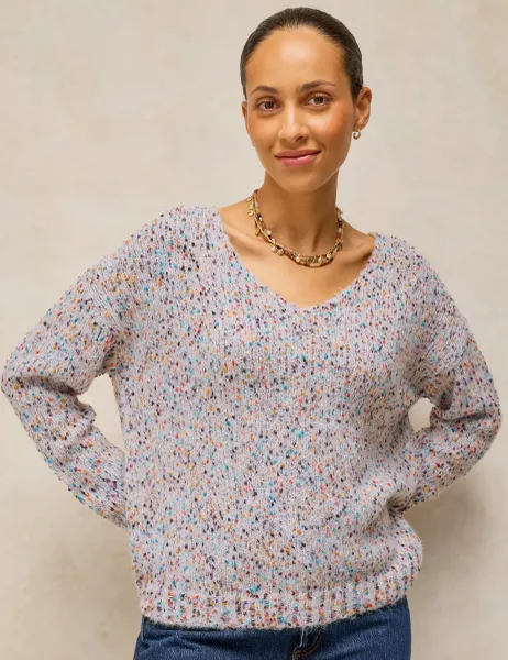 White Stuff Textured Flecked V-Neck Jumper with Wool Natural