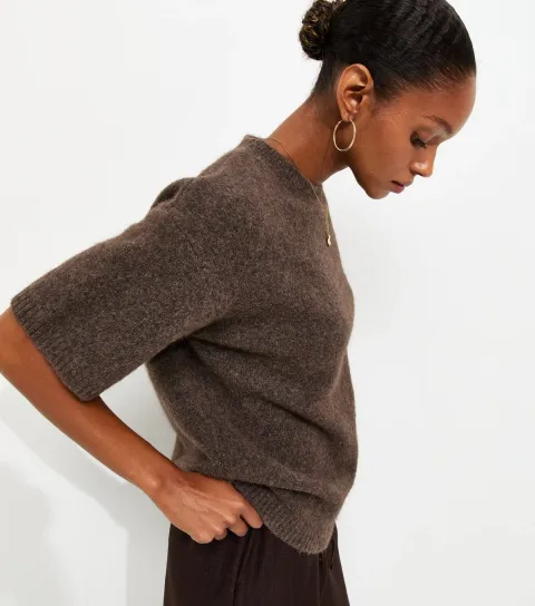 Women's Dark Mink Knitted Oversized Short Sleeve Top