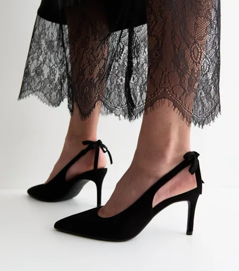 Women's Black Faux Suede Bow Slingback Court Shoes Vegan