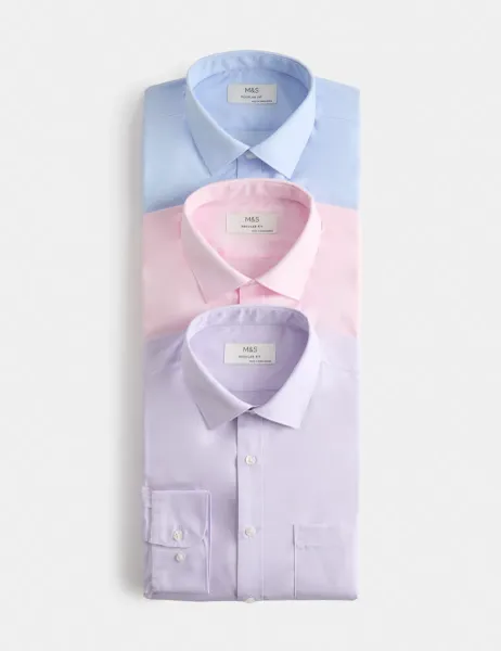 Marks & Spencer 3 Pack Regular Fit Easy Iron Long Sleeve Shirts Lilac Mix