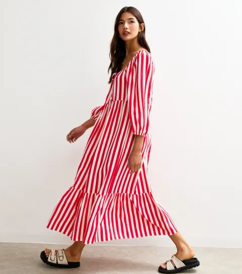 Women's Red Stripe Print Tiered Hem Midi Dress