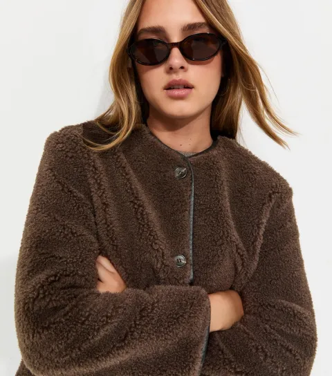 Women's Dark Brown Borg Button Through Jacket