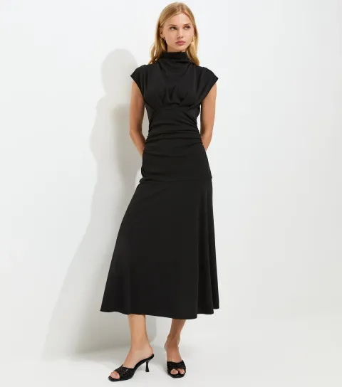 Women's Black High Neck Ruched Waist Midi Dress