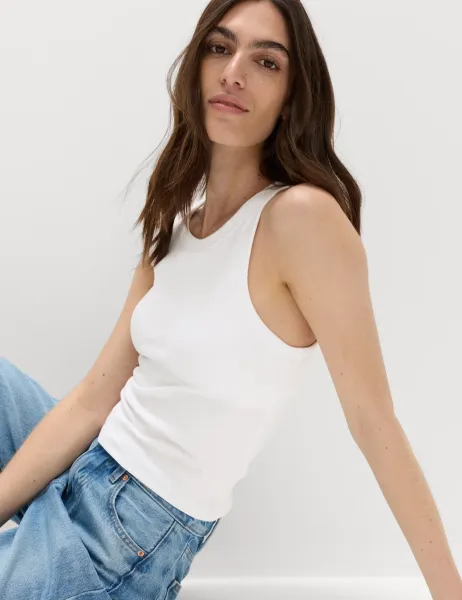 Marks & Spencer Cotton Rich Ribbed Scoop Neck Bra Vest Top White