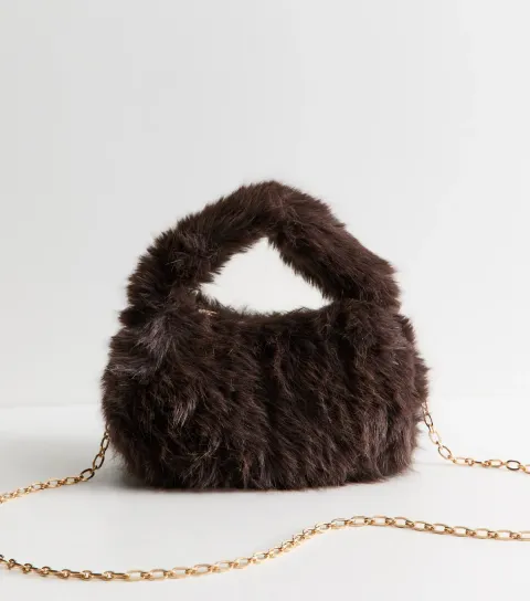 New Look Brown Faux Fur Grab Handle Clutch Bag