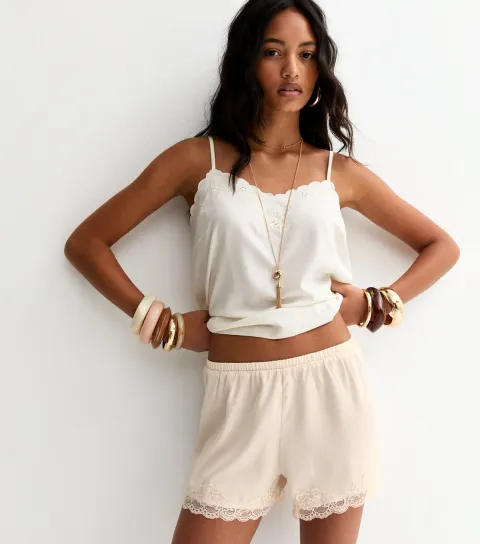 Women's Cream Satin Lace Trim Shorts