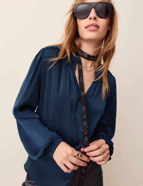 Per Una Satin Plisse V Neck Blouse Navy