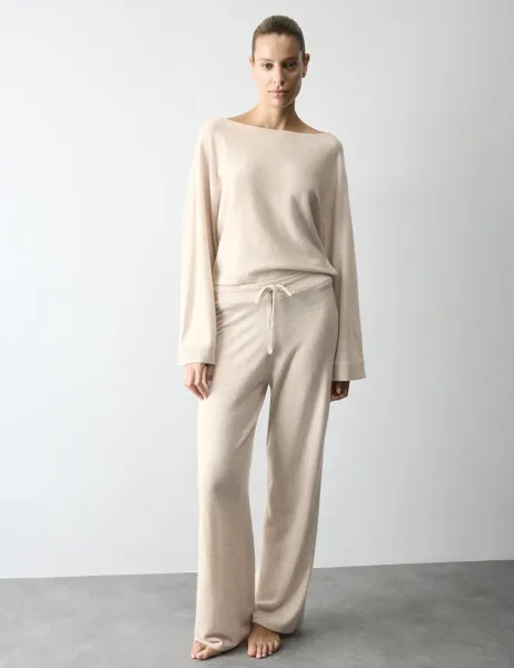 Autograph Wool Blend Wide Leg Lounge Pants with Cashmere Oatmeal