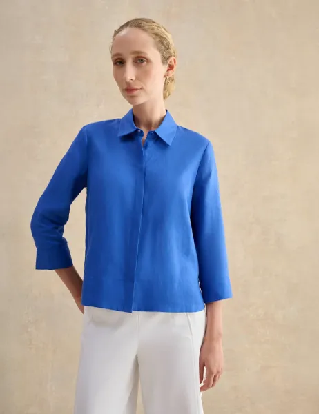 Hobbs Pure Linen Collared Blouse Blue