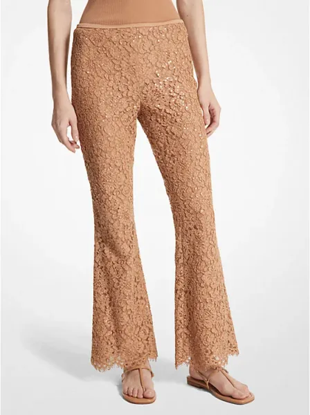Michael Kors Hand-Embroidered Sequin Floral Corded Lace Cropped Pants