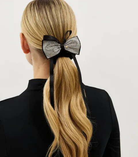Black Velvet Silver Diamante Bow Scrunchie