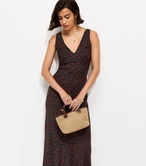 Women's Black Rose Print V-Neck Midi Dress