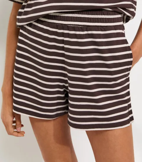 Women's Brown Cotton Striped Side Split Shorts
