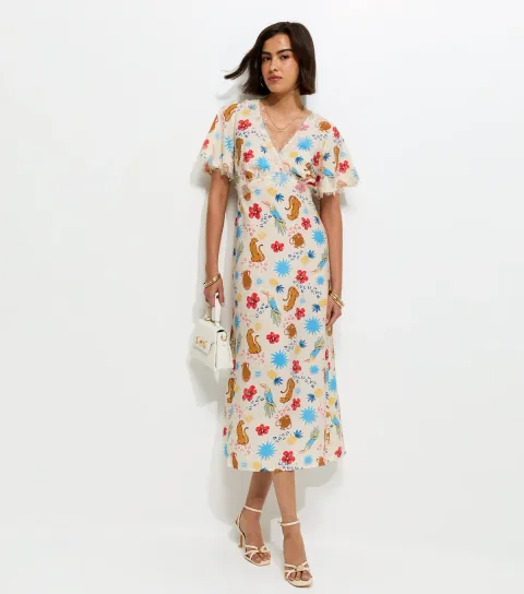 Women's Cream Leopard Pattern Lace Trim Tea Midi Dress
