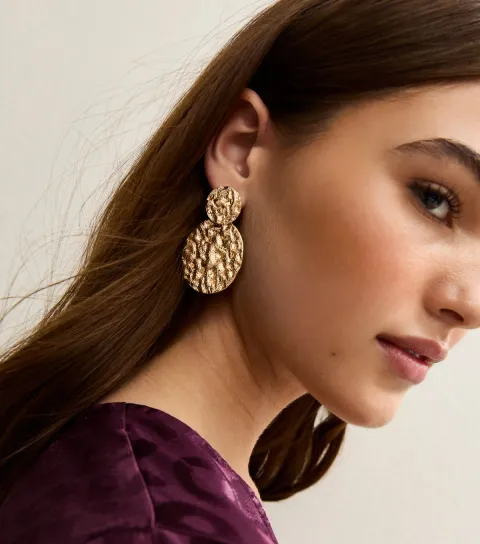 Gold Tone Textured Circle Drop Earrings