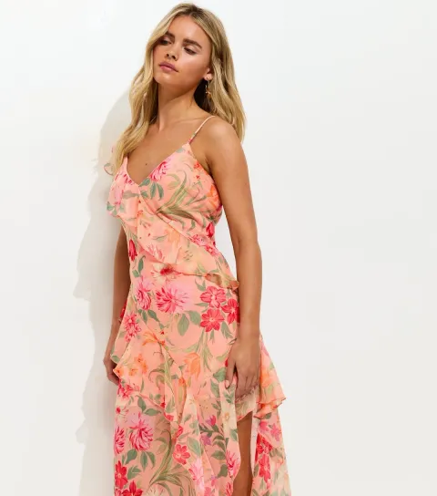 Women's Petite Orange Floral Print Chiffon Asymmetric Dress