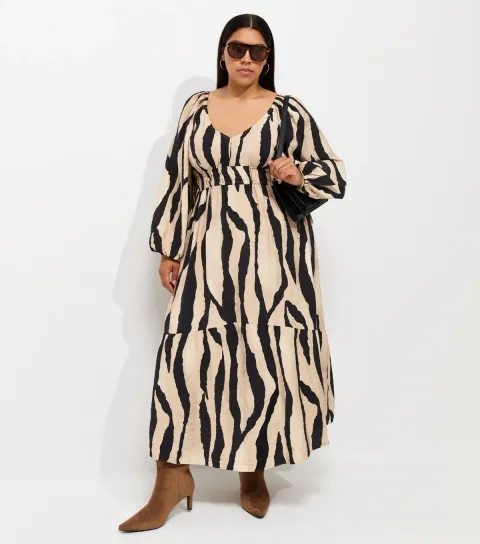 Women's Plus Size Brown Abstract Print Smock Dress Curves