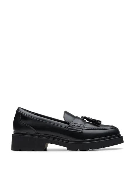 Clarks Leather Tassel Block Heel Loafers Black