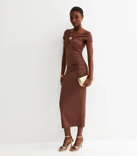 Women's Brown Off The Shoulder Embellishment Detail Midi Dress