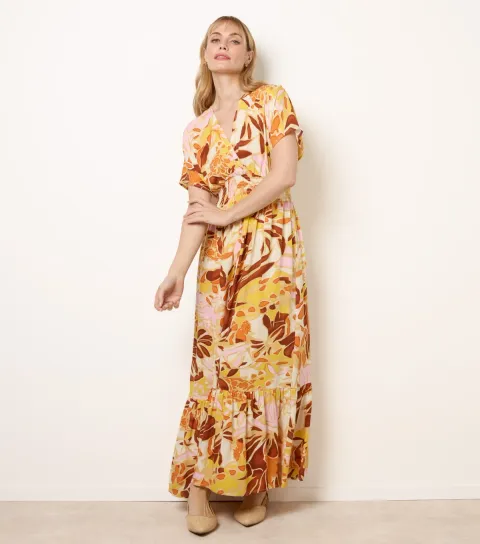 Women's Multicoloured Printed V-Neck Midi Dress