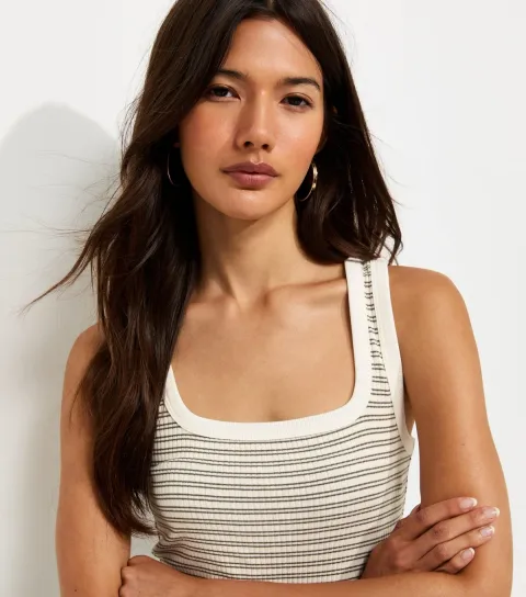 Women's Green Cotton Rich Ribbed Striped Square Neck Vest