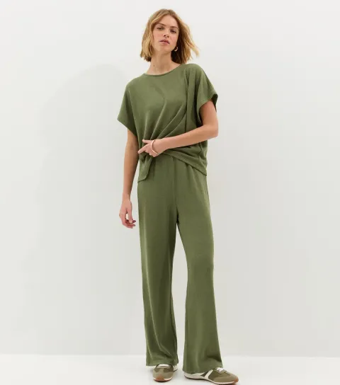 Women's Khaki Textured Wide Leg Trouser