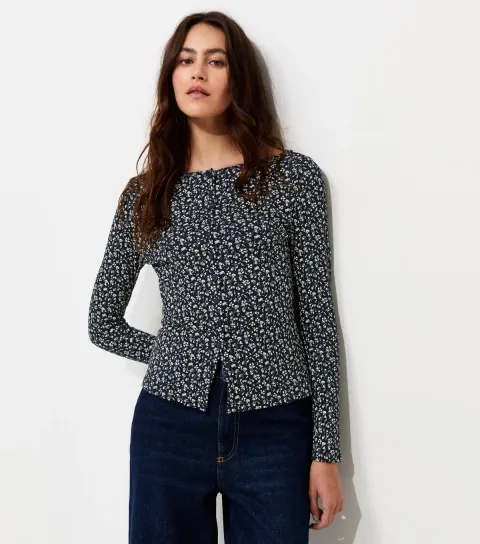 New Look Women's Blue Cotton Rich Ribbed Floral Print Button Through Top
