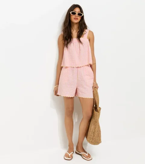 Women's Yellow Cotton Seersucker Scallop Edge Shorts