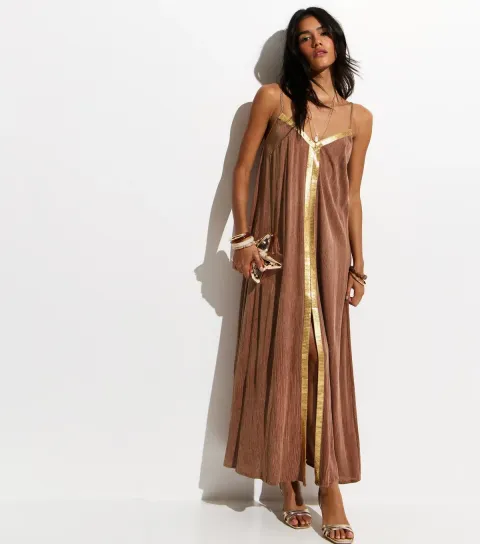 Women's Light Brown Sequin Trim Beach Maxi Dress