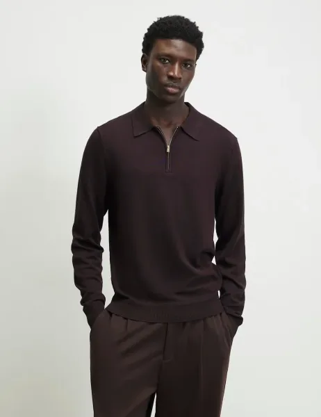 River Island Slim Fit Half Zip Long Sleeve Polo Shirt Burgundy