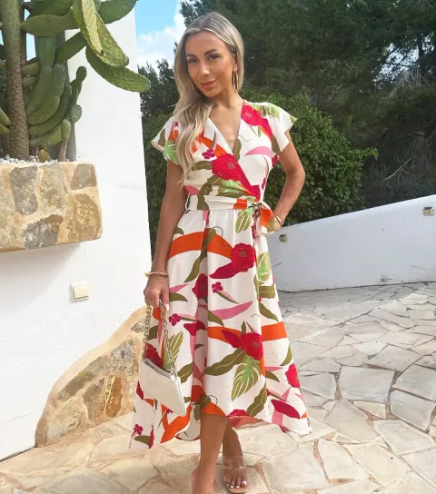 Women's Multicolour Wrap Top Belted Midi Dress